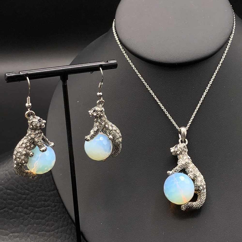 Crystal Cheetah Necklace and Pierced Earrings Set Jaguars Dancing on Glass Balls